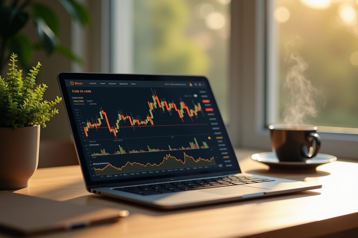 Tablette affichant un graphique Bitcoin dans un bureau cosy