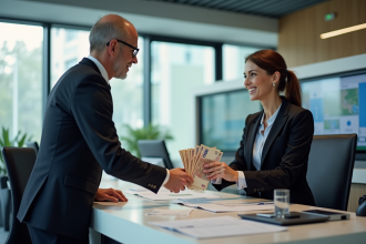 Échange d'argent entre un professionnel et un caissier dans une banque
