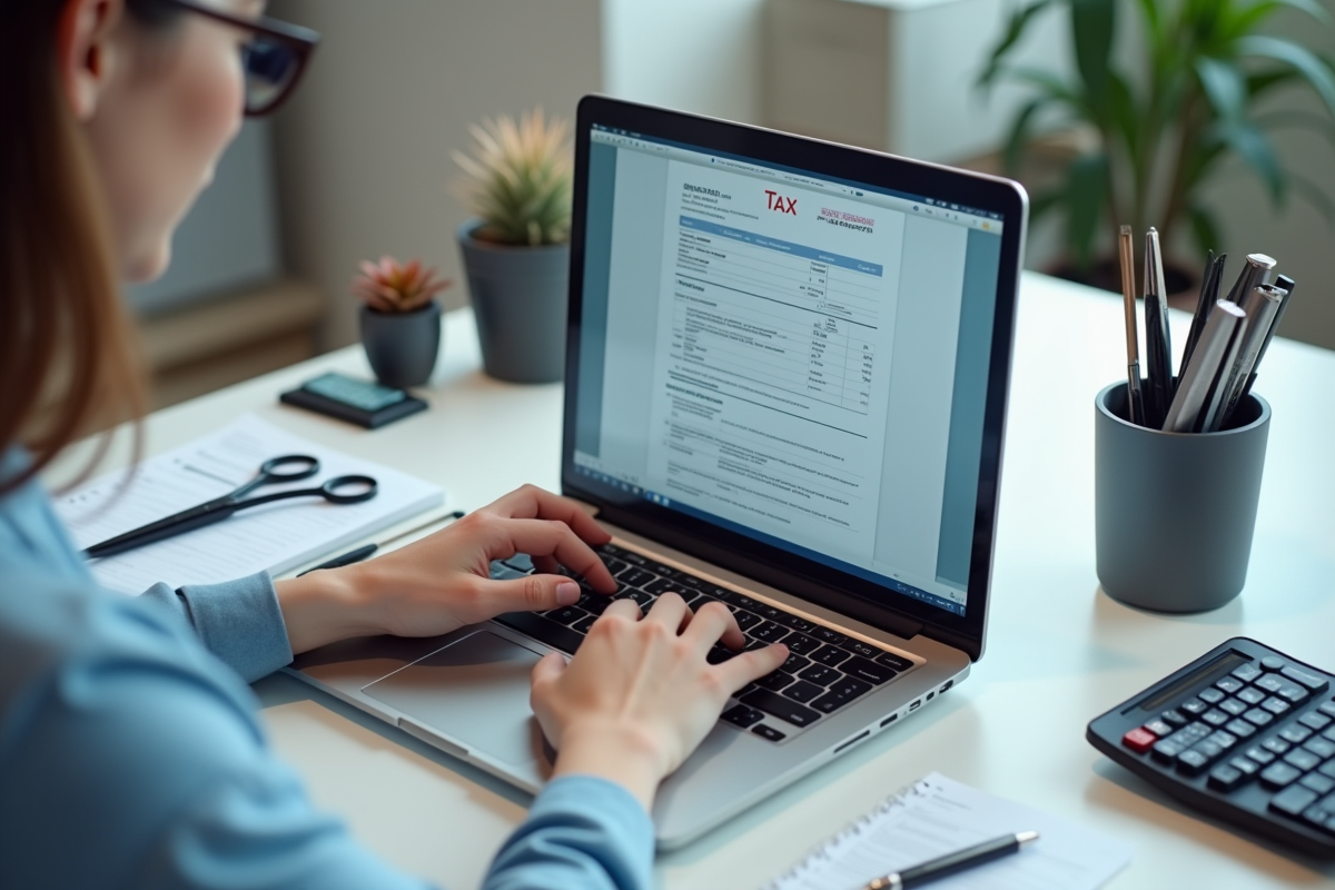 Main tapant sur un ordinateur avec documents fiscaux et outils de coiffure