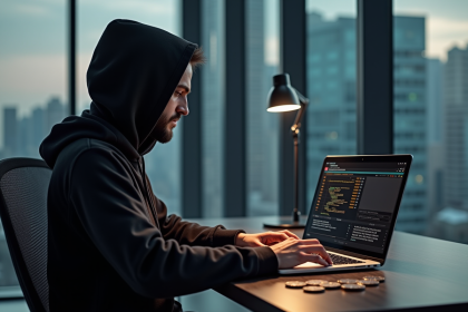 Personne avec hoodie utilisant un ordinateur pour crypto monnaies