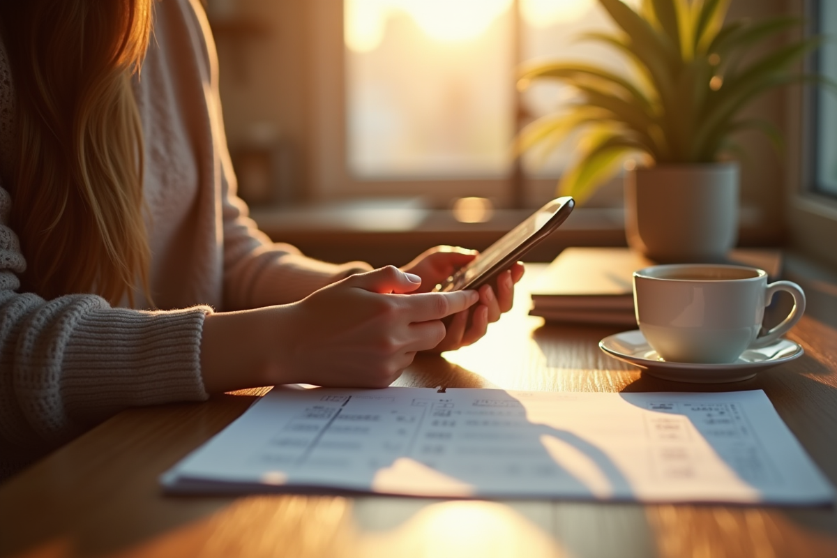 Personne utilisant smartphone dans une cuisine lumineuse