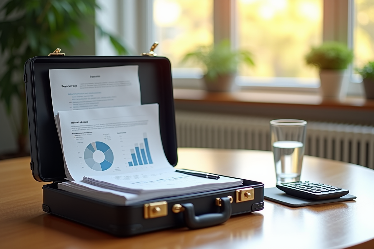 Valise ouverte avec documents et calculatrice sur une table lumineuse